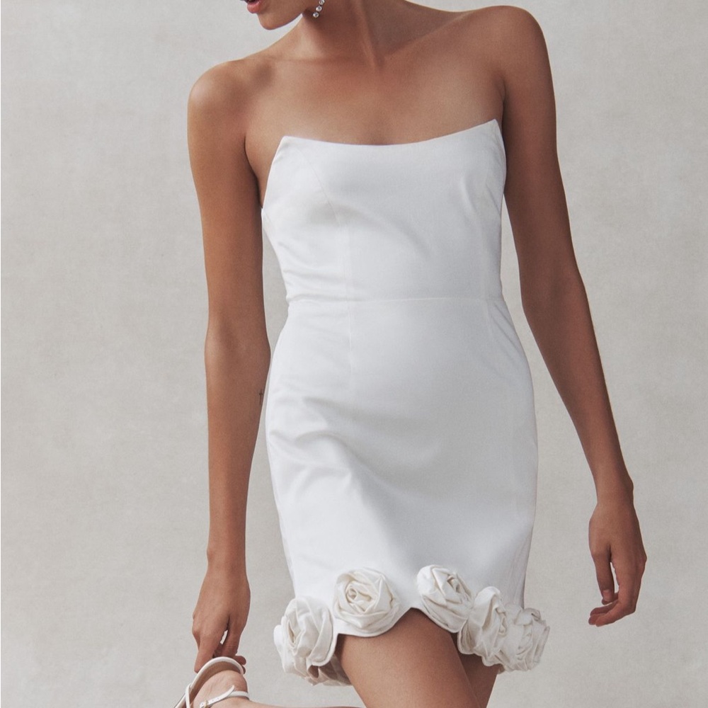 BHLDN Strapless White Rosette Hem Mini Dress XS Bridal Shower Graduation